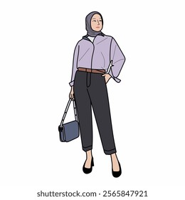 Illustration of dress for muslimah (Muslim woman) with combination of Purple Pastel tone colour.