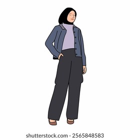 Illustration of dress for muslimah (Muslim woman) with combination of Purple Pastel tone colour.