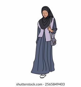 Illustration of dress for muslimah (Muslim woman) with combination of Purple Pastel tone colour.