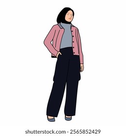 Illustration of dress for muslimah (Muslim woman) with combination of Pink Pastel tone colour.