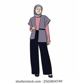 Illustration of dress for muslimah (Muslim woman) with combination of Pink Pastel tone colour.