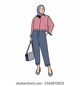 Illustration of dress for muslimah (Muslim woman) with combination of Pink Pastel tone colour.