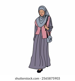 Illustration of dress for muslimah (Muslim woman) with combination of Pink Pastel tone colour.