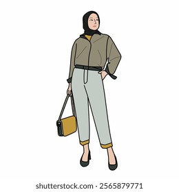 Illustration of dress for muslimah (Muslim woman) with combination of Green Pastel tone colour.