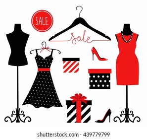 ilustración de un vestido en un maniquí, zapatos y envoltura de regalo. maniquí con ropa de verano de mujeres de moda. Tienda de moda para el diseño