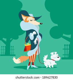 illustration of dressed fox with a little dog