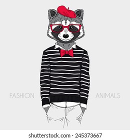 Illustration of dressed up raccoon, french chic style