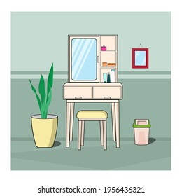 Illustration of dressing table interior design, minimalist with plant furniture, pictures. Flat EPS 10 vector illustration