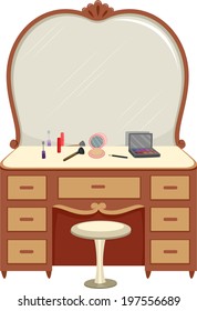 Illustration of a Dressing Table with Make Up Scattered Around