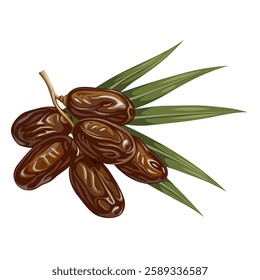 Illustration of dried dates fruit with leaves, isolated on white background.