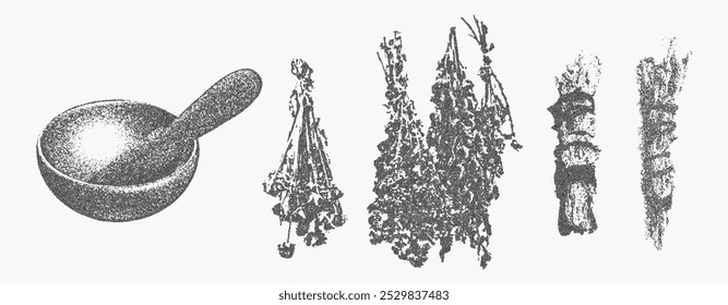 Illustration mit getrockneten Kräutern, tibetischer Schüssel, Schmutzstäbchen. Fotokopie