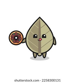 illustration of an dried leaf character eating a doughnut , cute style design for t shirt, sticker, logo element