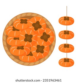 Illustration of dried persimmons in a basket and dried persimmons hung on a string.