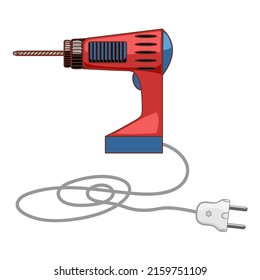 Illustration of drill in red color with cable and plug, vector image isolated on white