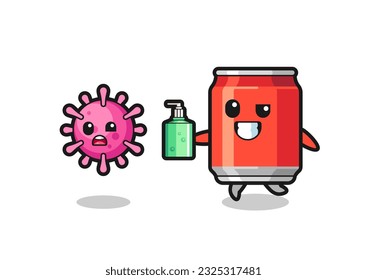 illustration of drink can character chasing evil virus with hand sanitizer , cute style design for t shirt, sticker, logo element