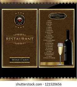 Illustration of drink menu card with wine glass and bottle on leather background