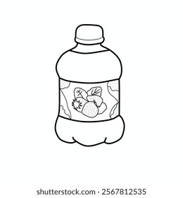 illustration drinking bottle with strawberry image signifies strawberry flavor coloring page . Coloring page for kids, coloring drink