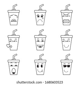 Illustration of drinks character collection with various expressions. Contains Icons like happy, angry, sad, confused, falling in love and more. Modern vector.