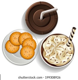 Illustration of the drinks in disposable cups and a plate with biscuits on a white background