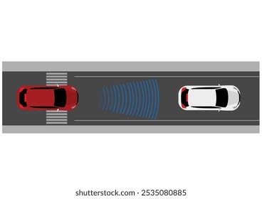 Ilustração do sistema de assistência ao condutor, especificamente um sistema de controlo adaptativo da velocidade de cruzeiro (ACC) ou um sistema de aviso de colisão frontal. Ilustração plana de vetor