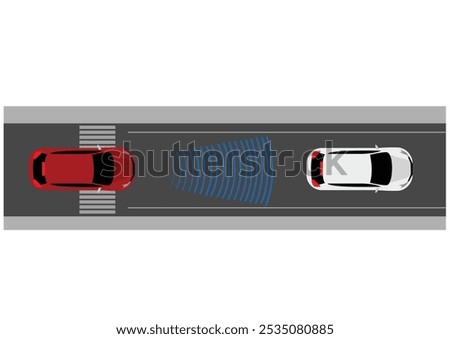 Illustration of driver assistance system, specifically an adaptive cruise control (ACC) or forward collision warning system. Vector Flat Illustration
