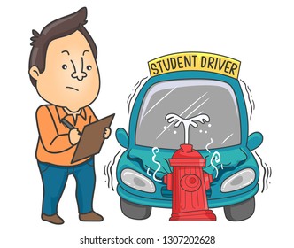 Illustration of Driver Instructor Man Writing Notes About the Student Hitting the Fire Hydrant with His Car
