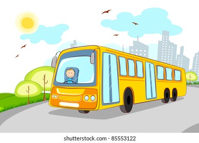 ilustración del conductor en el autobús escolar sobre el fondo del paisaje urbano