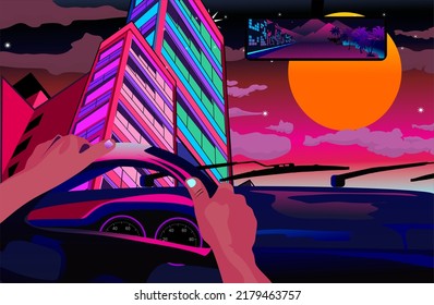 illustration driving in the city with vapor vintage style