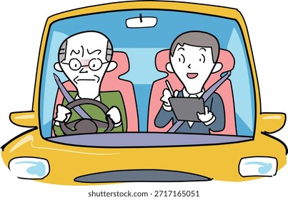 Ilustración de una lección de conducción para los ancianos.