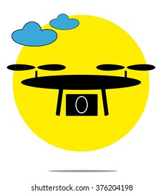 Illustration of drone with clouds and yellow circle background