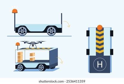 Illustration of a drone delivery station. A delivery vehicle with a landing pad on top receives a drone carrying packages. Vector Flat Illustration 