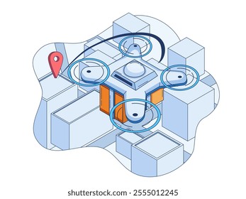 Illustration of a drone delivery system, showing a quadcopter drone flying over a cityscape while carrying a package to its destination.