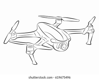 illustration of a drone flying, black and white drawing, white background