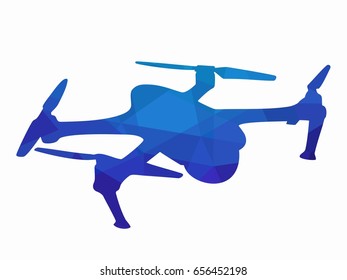 illustration of a drone flying, blue triangles drawing, white background