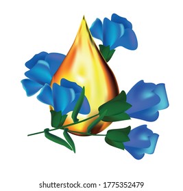 illustration of a drop of flaxseed oil, near a branch with leaves and blue flowers of flax, on a white background