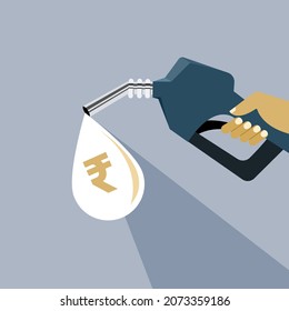 Illustration of a drop of fuel with rupee symbol in it coming out from a nozzle 