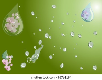 illustration with lot of drops on green background