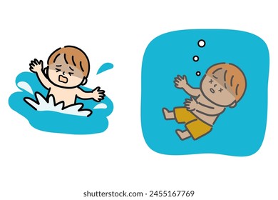 Illustration of a drowning child asking for help and a child drowning silently.