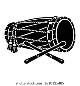 An illustration of a drum with drumsticks