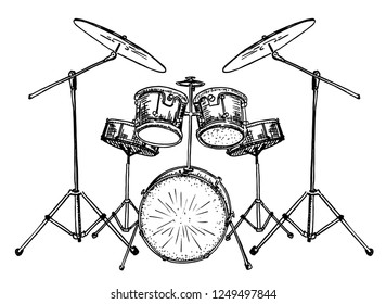 Illustration of a drum kit. Dass tom-tom ride cymbal crash hi-hat snare stands. Vector Sketch. Musical instruments. 