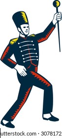 Illustration of a drum major marching band leader holding baton raising viewed from the side set on isolated white background done in retro woodcut style. 
