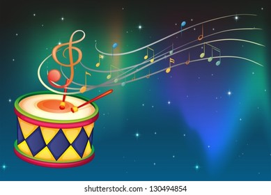 Illustration of a drum and the musical notes and symbol