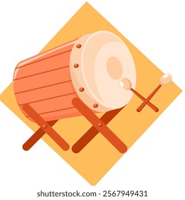 Illustration of a drum on a yellow background. Vector illustration.