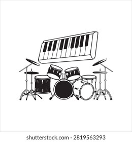 Illustration of drum set with electronic keyboard on transparent background
