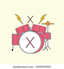 illustration of drum set with sticks and sound effects