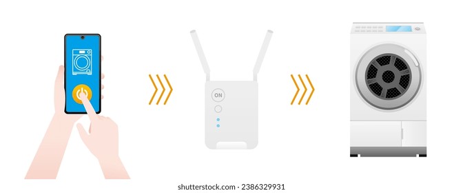 It is an illustration of a drum type washing machine that can be operated from a smartphone with IoT.