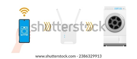 It is an illustration of a drum type washing machine that can be operated from a smartphone with IoT.