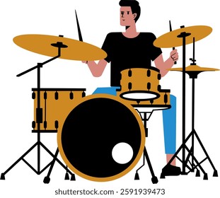 Illustration of a drummer playing a drum set in a modern, stylized design.