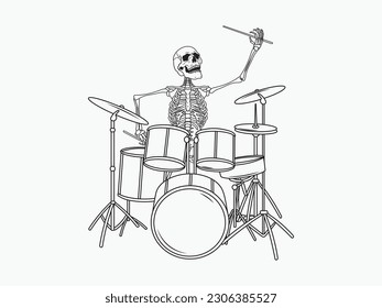 An illustration of a drummer's skeleton. Hallouin design. Metal poster. Rock skeleton. Creepy musican. Human skull playaing on drumms.