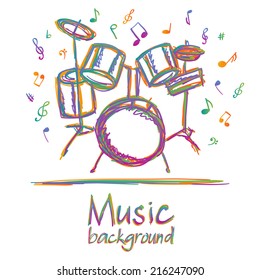 Illustration of drums music background, doodle style